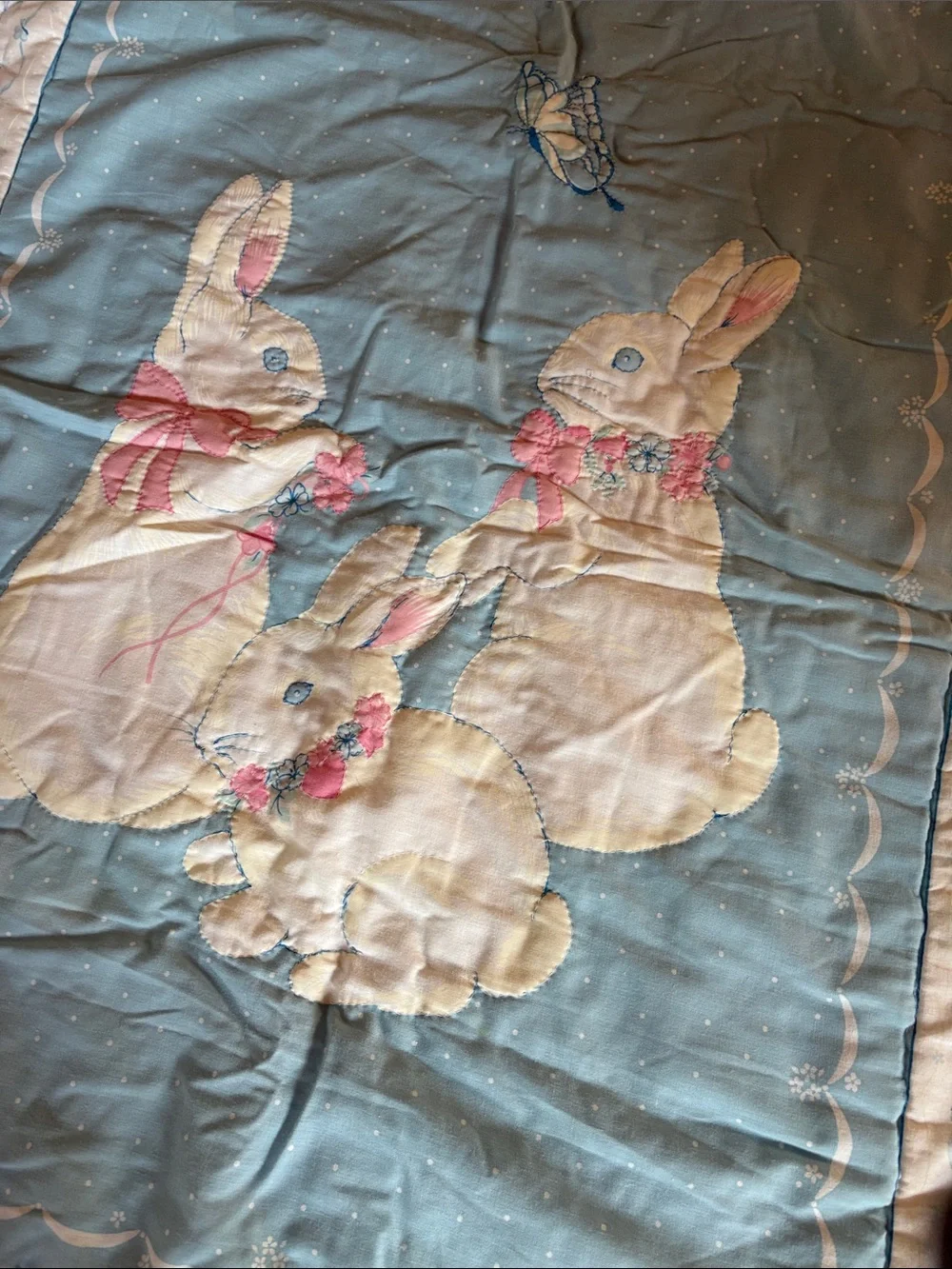 Vintage quilted baby blanket bunnies and butterfly